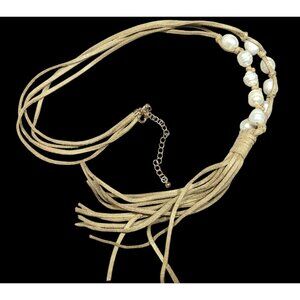 Boho Chic Faux Suede And Pearl Beaded Tassel Necklace